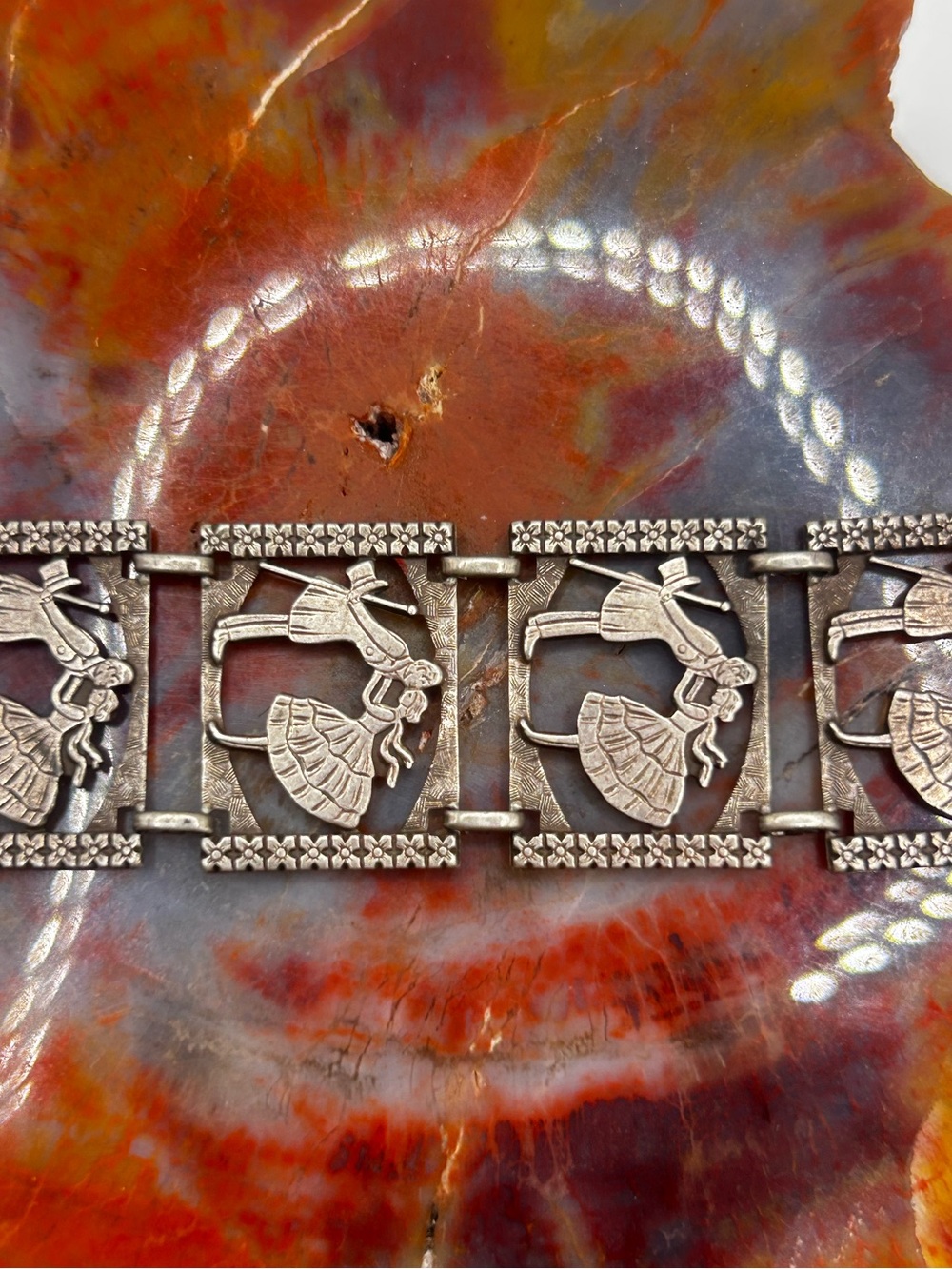 Antique Sterling Silver Pierced Bracelet with Dancing Figures - 6 inches